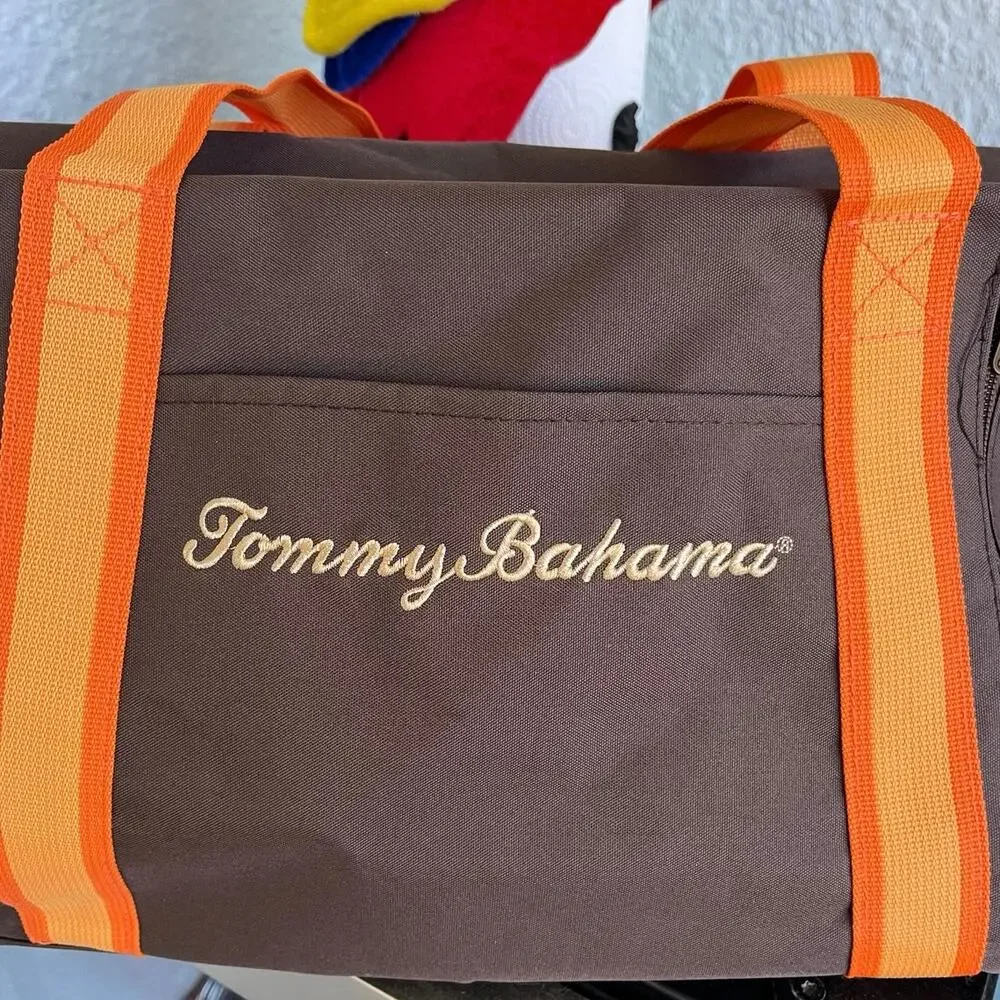 Tommy Bahama Duffle Bag Brown Canvas Orange Trim Weekender Travel Gym